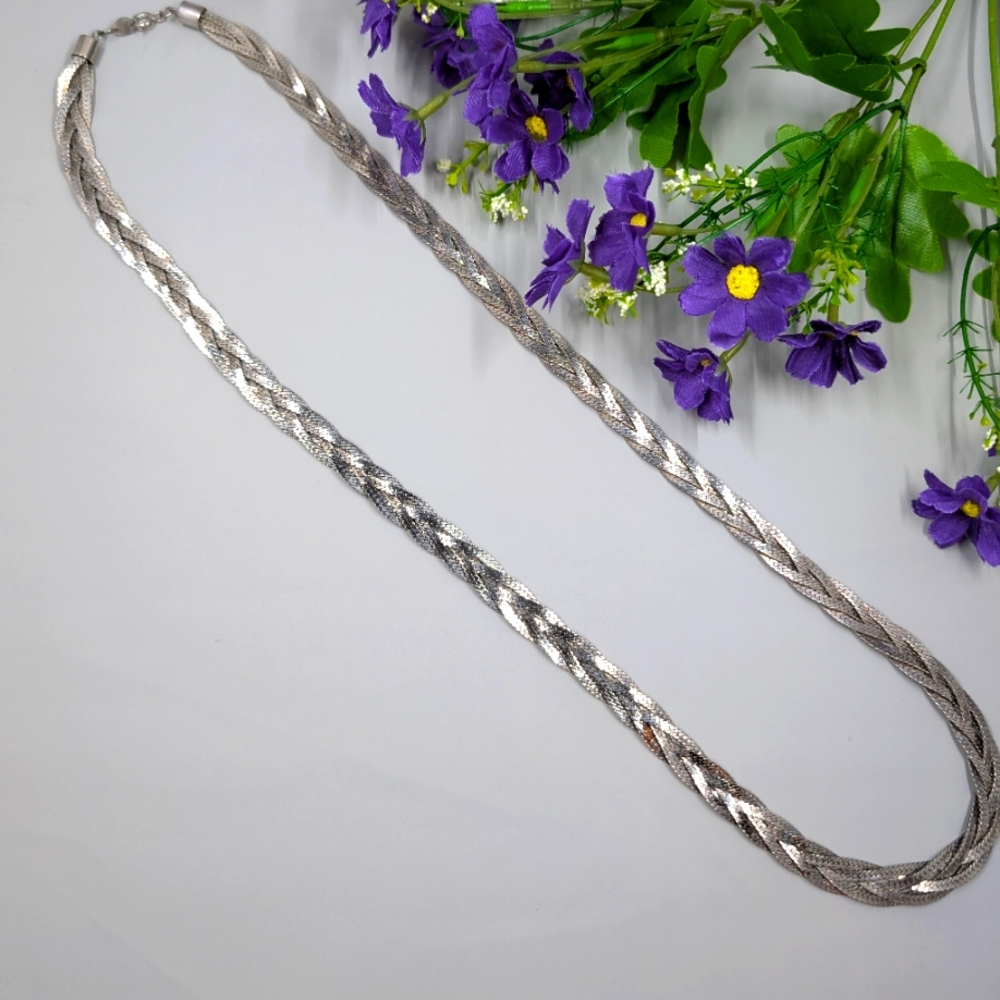 925 Sterling Silver Plated Korea Signed Vintage Extra Long & Thick Braided Chain